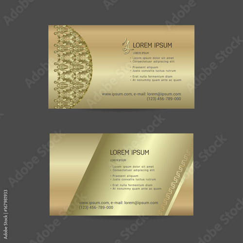 Business cards. Individual cards with delicate flowers, herbs, polka dots and feathers. Cute design of business cards. Gold. Vector set.