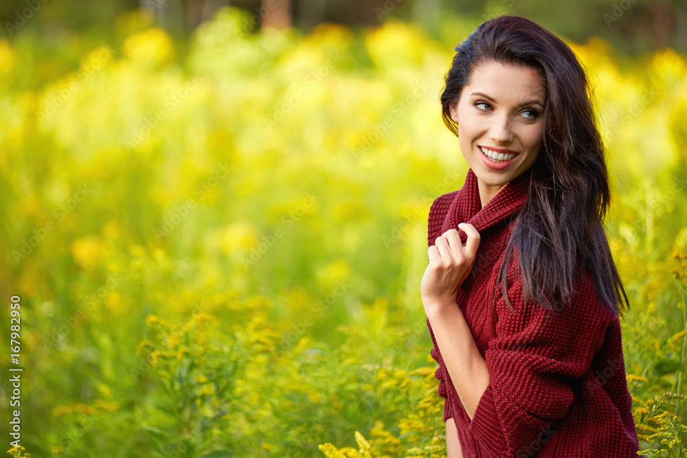Portrait of beautiful brunette woman in autumn red sweater. Welcome warm autumn. Cute girl on a golden autumn background. Portrait of beautiful brunette woman in autumn red sweater. Welcome warm autumn. Cute girl on a golden autumn background.