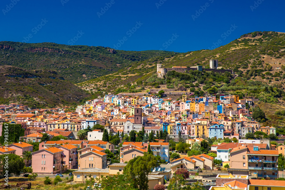 Bosa old city center with colorful houses and Fiume Temo river, Sardinia, Italy, Europe.