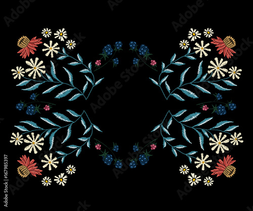 Embroidery native pattern with simplify chamomiles and blackberry. Vector embroidered traditional floral frame with flowers.