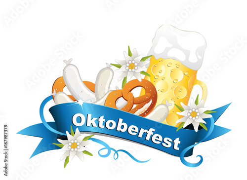 Oktoberfest Hintergrund mit Banderolle Edelweiß, Bier, Weißwurst u. Brezel 
Vektor Illustration isoliert auf weißem Hintergrund