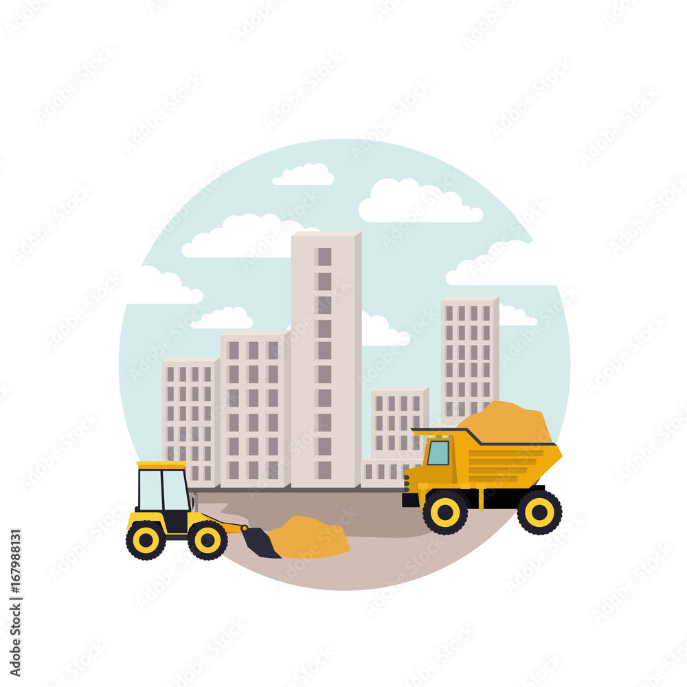 white background with circular scene city landscape and dump truck with mini earth move white background with circular scene city landscape and dump truck with mini earth move