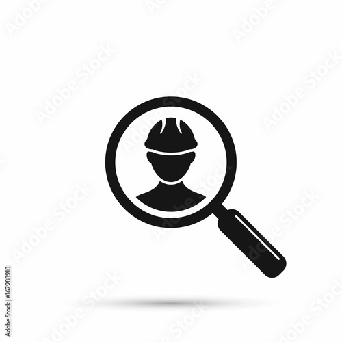Search for builder man, employees, human resource. Search man with magnifier, vector icon