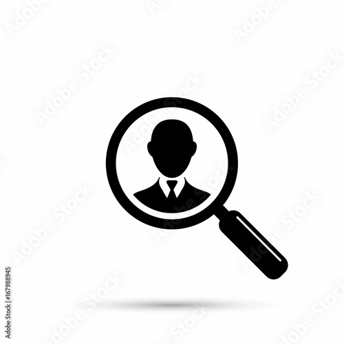 Search for employees, human resource. Search man black simple icon with magnifier. Vector