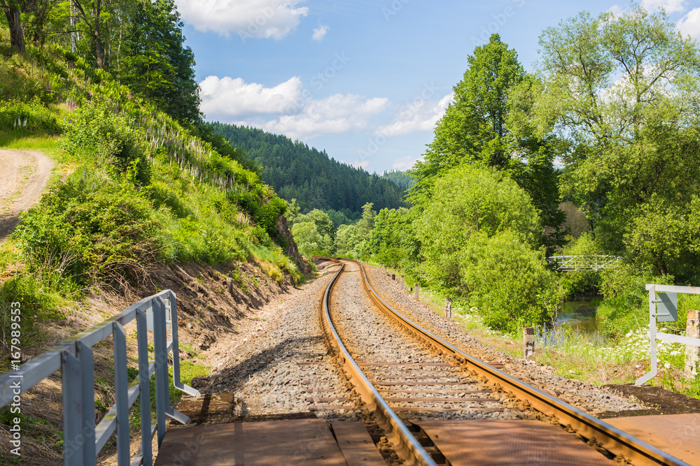 Fototapeta premium Railroad travel, railway tourism. Industrial concept background. Transportation