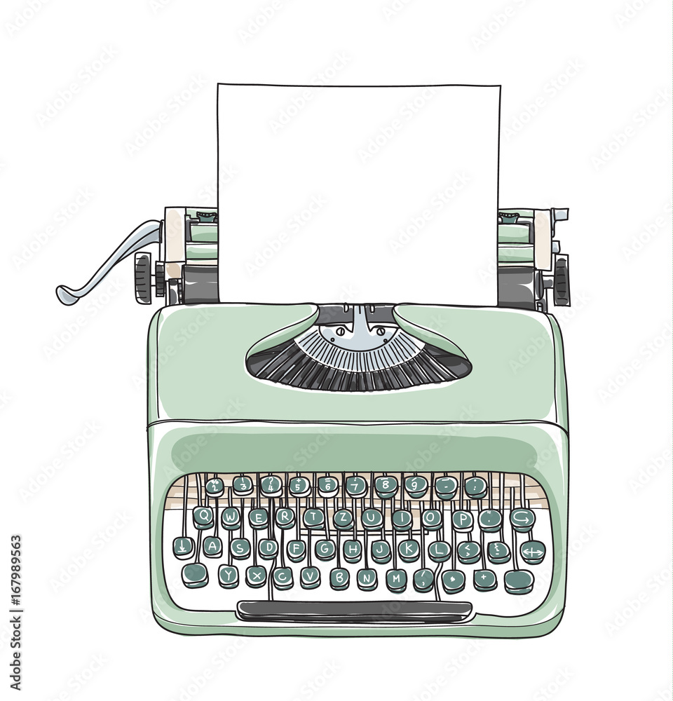 Mint green vintage  typewriter portable retro with paper  hand drawn vector art illustration