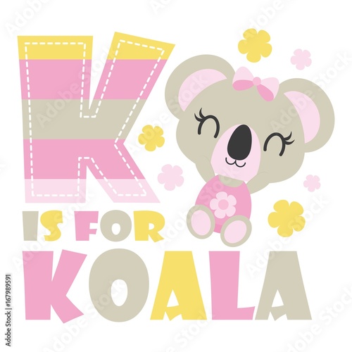 Cute baby koala with K colorful alphabet vector cartoon illustration for baby shower card design, kid t shirt design, and wallpaper