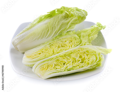 fresh chinese cabbage in white plate isolated on white background