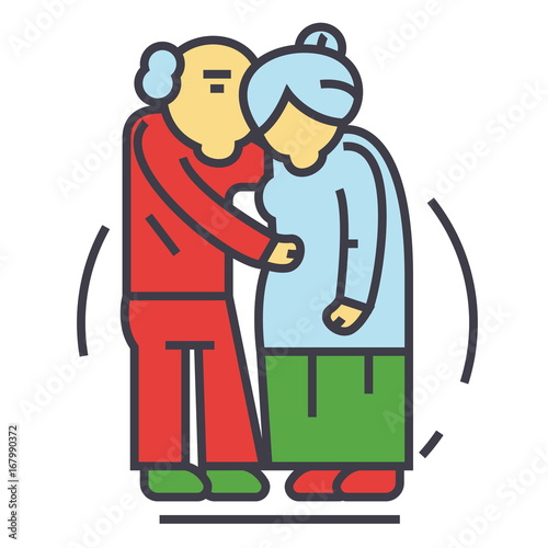 Senior couple, old people, pensionary concept. Line vector icon. Editable stroke. Flat linear illustration isolated on white background