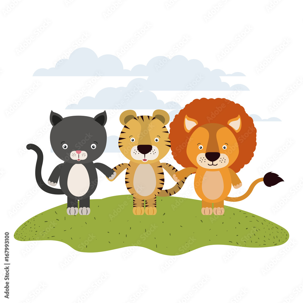 white background with color scene cat tiger and lion cute animals holding hands in grass