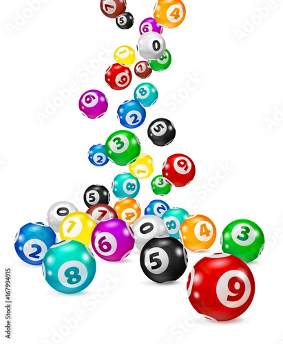 Illustration Colorful Bingo balls fall randomly. Lottery Number Balls Isolated. Colored balls isolated. Bingo ball. Bingo balls with numbers. Isolated illustration. photo