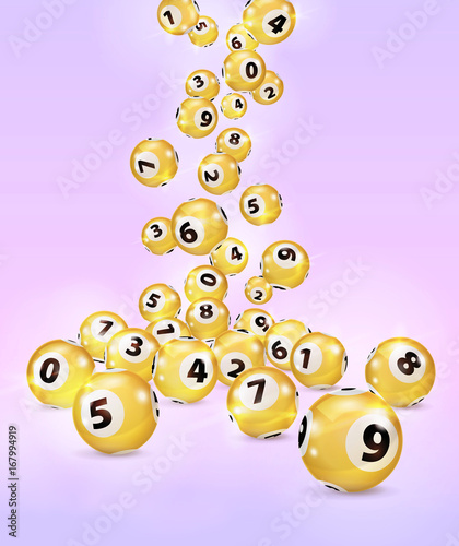 Fotografie Illustration Gold Bingo balls fall randomly on pink background