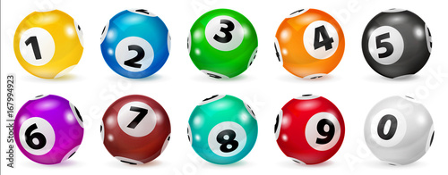 Illustration Colorful Bingo. Lottery Number Balls. Colored balls isolated. Bingo ball. Bingo balls with numbers. Set of colored balls. Realistic Illustration. Lotto concept. photo
