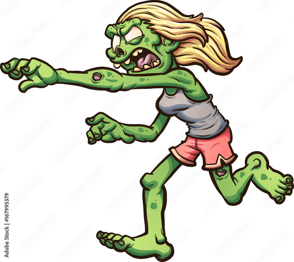 Female cartoon running zombie. Vector clip art illustration with simple ...