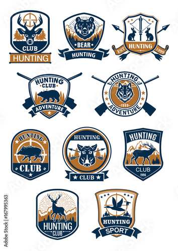 Hunting sport symbol and hunter club badge set