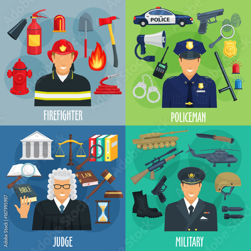 Policeman, firefighter, military, judge icon set