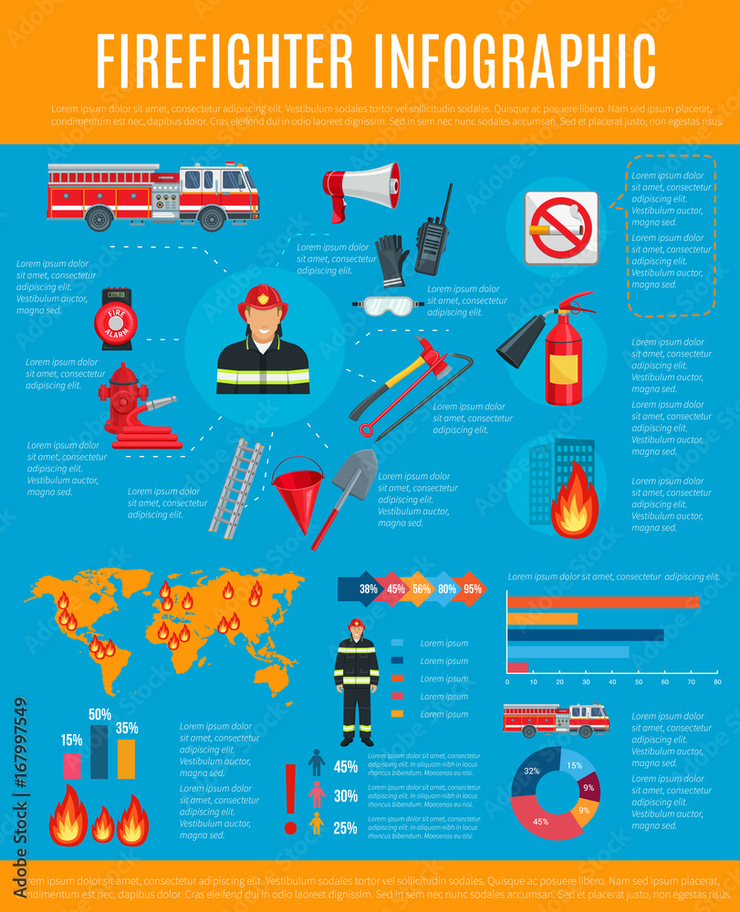 Obraz premium Firefighter infographic with fireman and equipment