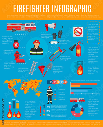 Firefighter infographic with fireman and equipment