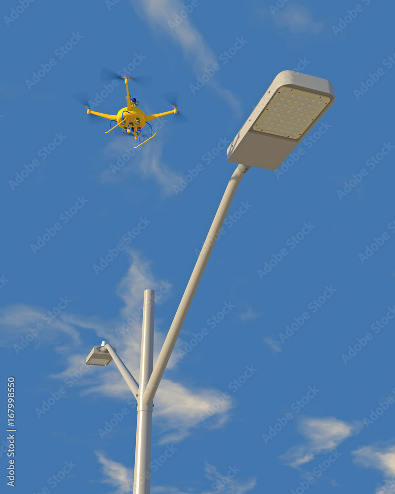 3D render of a UAV drone with top-mounted camera inspecting an LED street light. Fictitious UAV and street lamp, blue sky and motion blur for dramatic effect.