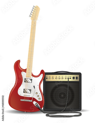 real red electric guitar with guitar amplifier
