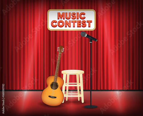 music contest stage with guitar and microphone