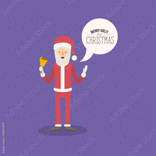 violet color poster with sparks and full body standing of santa claus with dialog box text merry holly jolly christmas