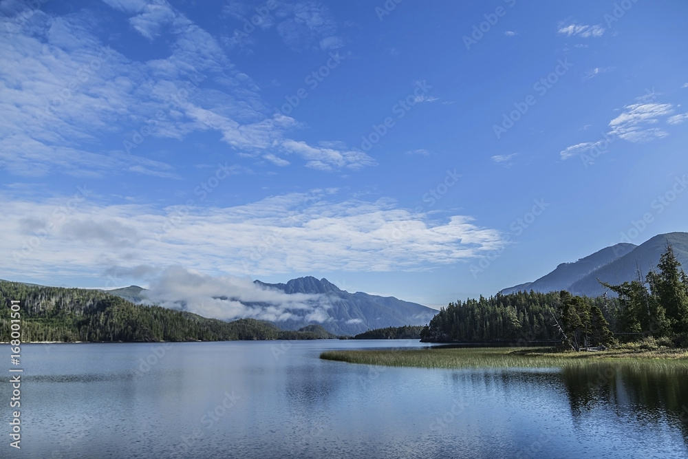 Clouds above Mountains-Wooden Bridge to Mountains-Tofino, Vancouver Island, Canada.