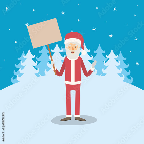 blue winter landscape background with full body caricature of santa claus with a wooden sign poster