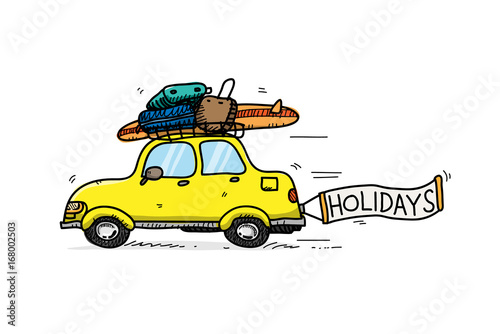 Yellow Car on a Summer Holiday Vacation, a hand drawn vector cartoon illustration of a car going for beach vacation.
