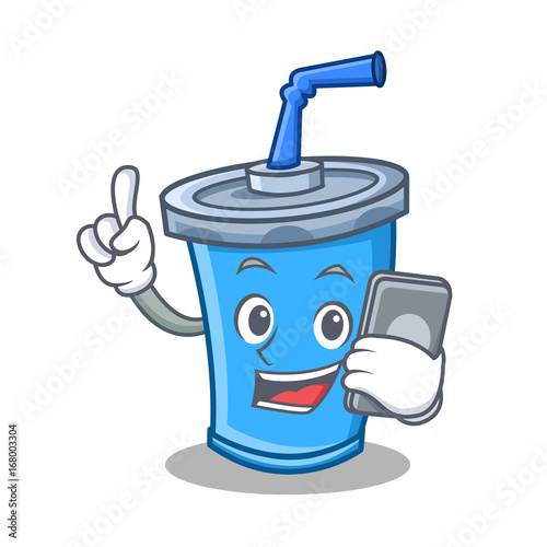 soda drink character cartoon with phone