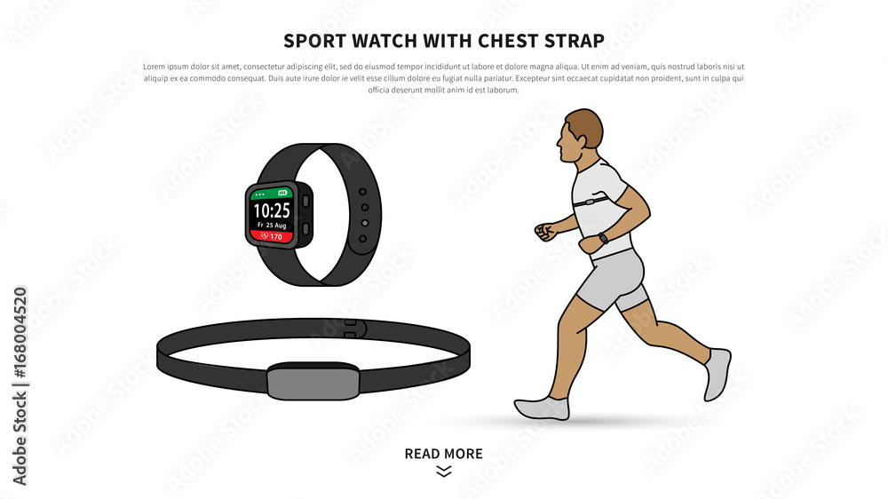 Sport watch with chest strap vector illustration. Heart rate monitor