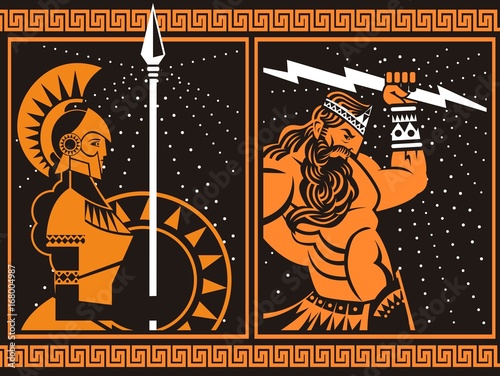 Wallpaper Mural athena minerva and jupiter zeus with ray orange and black vintage painting