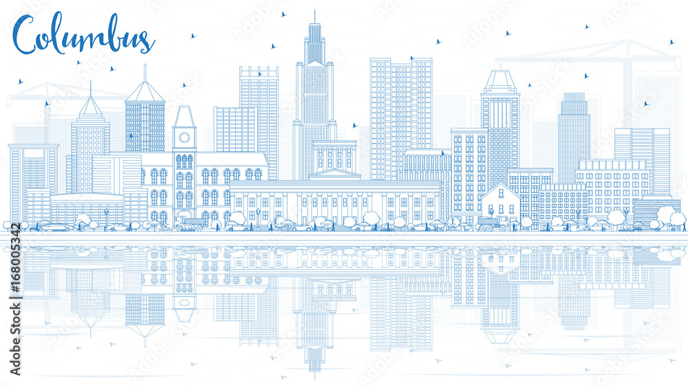 Outline Columbus Skyline with Blue Buildings and Reflections.