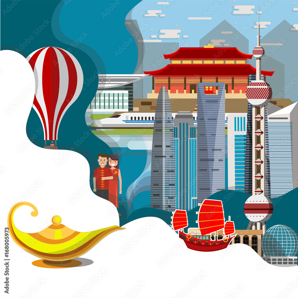 Obraz premium Infografika podróży. Niesamowity Szanghaj. Plansza Chiny, koncepcja lampy Alladyna. Odkryj koncepcję Chin, koncepcja sztuki papieru