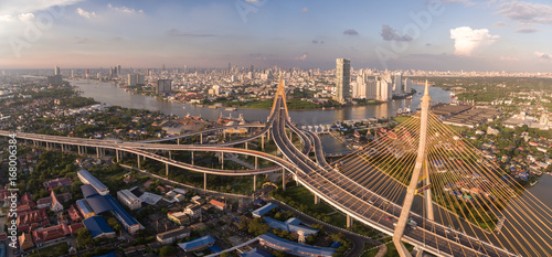 Bhumibol Bridge and Chao Phraya River in Bangkok, Thailand, Aerial Drone Shot © Otvalo