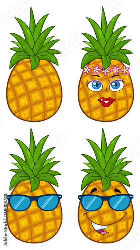Pineapple Fruit With Green Leafs Cartoon Drawing Simple Design Series Set 2. Collection Isolated On White Background