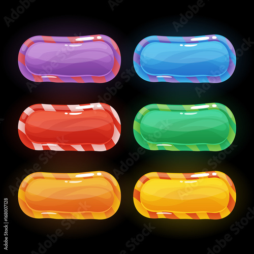 Colorful rectangle or oval glossy buttons set with candy texture on frame, vector assets for web or game design, app icons vector template isolated on black background.