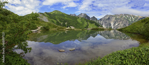 Panorama landscape of Japan Alps of Chubu Sangaku National Park, a day’s train ride from Tokyo and popular place for skiing and snowboarding in winter and hiking and climbing in summer.