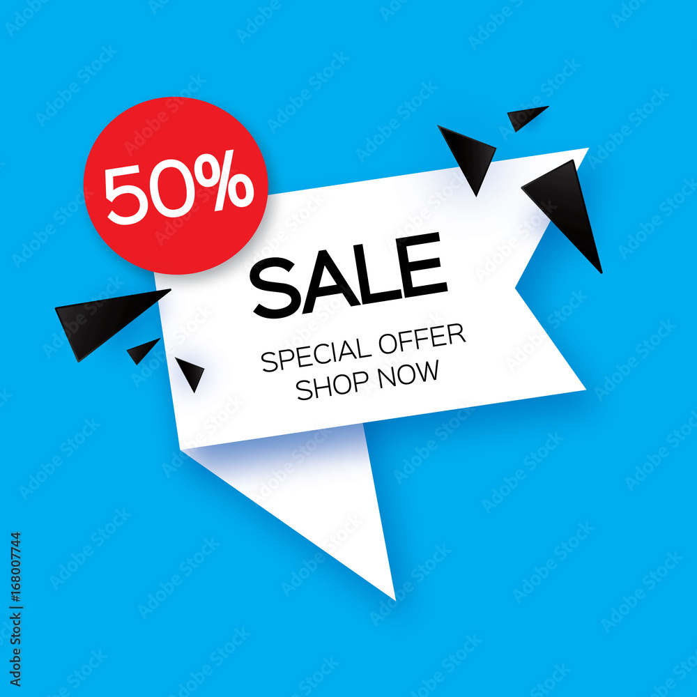 Modern paper cut geometric sale banner, special offer, 50 percents discount. Origami Trendy Label tag temlate. Shop now. Space for text. Blue background. Vecto Modern paper cut geometric sale banner, special offer, 50 percents discount. Origami Trendy Label tag temlate. Shop now. Space for text. Blue background. Vecto