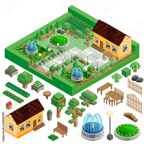 Isometric country house and yard with garden, park; fountains, architecture design elements, landscape constructor.