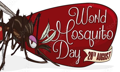 Female Mosquito over Sign and Ribbon for World Mosquito Day, Vector Illustration