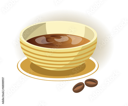 Striped bowl on saucer with delicious coffee inside