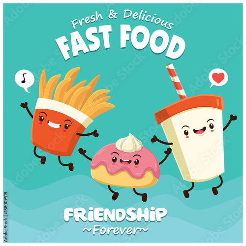 Vintage food poster design with drink, donut & fries character.