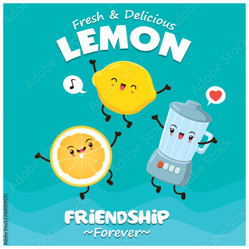 Vintage food poster design with vector orange & blender character.