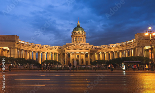 St. Petersburg, RUSSIA MAY 23 2017: Night scene of Kazan (Kazanskiy) Cathedral in Saint-Petersburg. Russia. Located on Nevsky Prospekt in the center of the city.