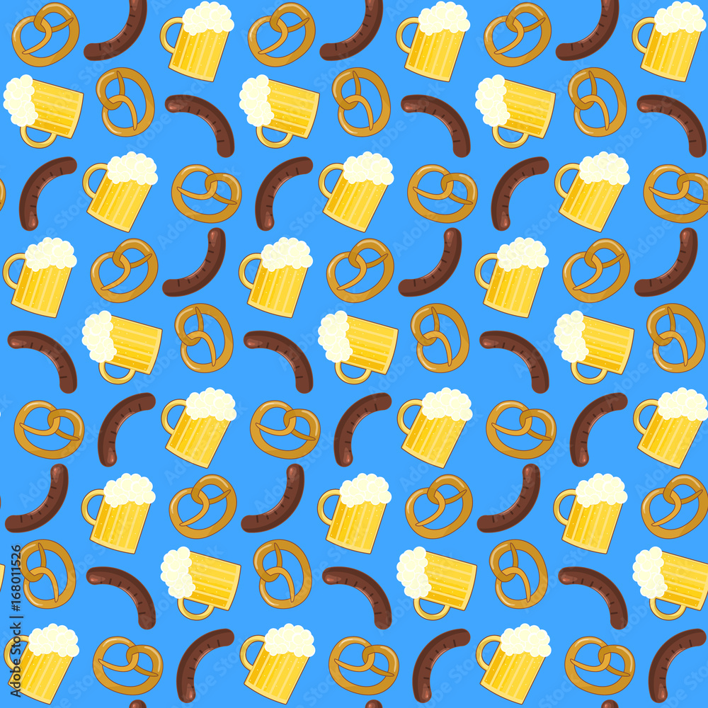 Nice colorful oktoberfest seamless pattern with beer, sausage and pretzel
