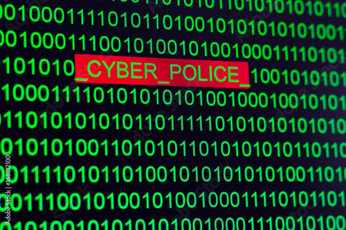 Words cyber police in binary code green on a black background