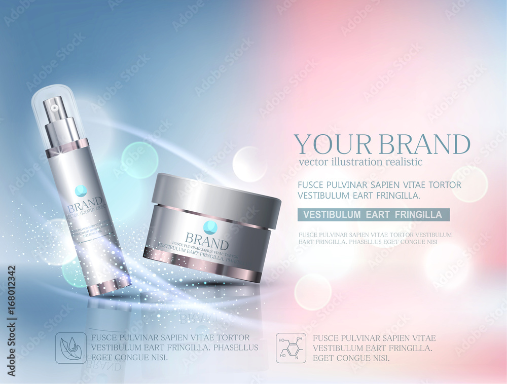 Fototapeta Vector glass jar on bokeh background. Element for modern design, advertising for sales, template cosmetic face cream, body. Realistic 3d illustration.