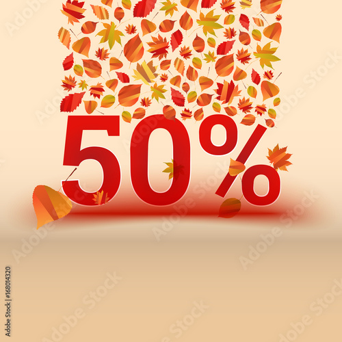 Autumn sale 50 discount banner with orange foliage
