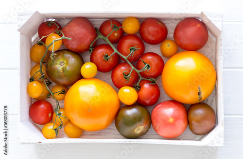 Variety of kinds of tomato in a box 